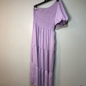 Zesica Lavender One Shoulder Flounce Smocked Tiered Leg Slit Midi Dress, Pockets